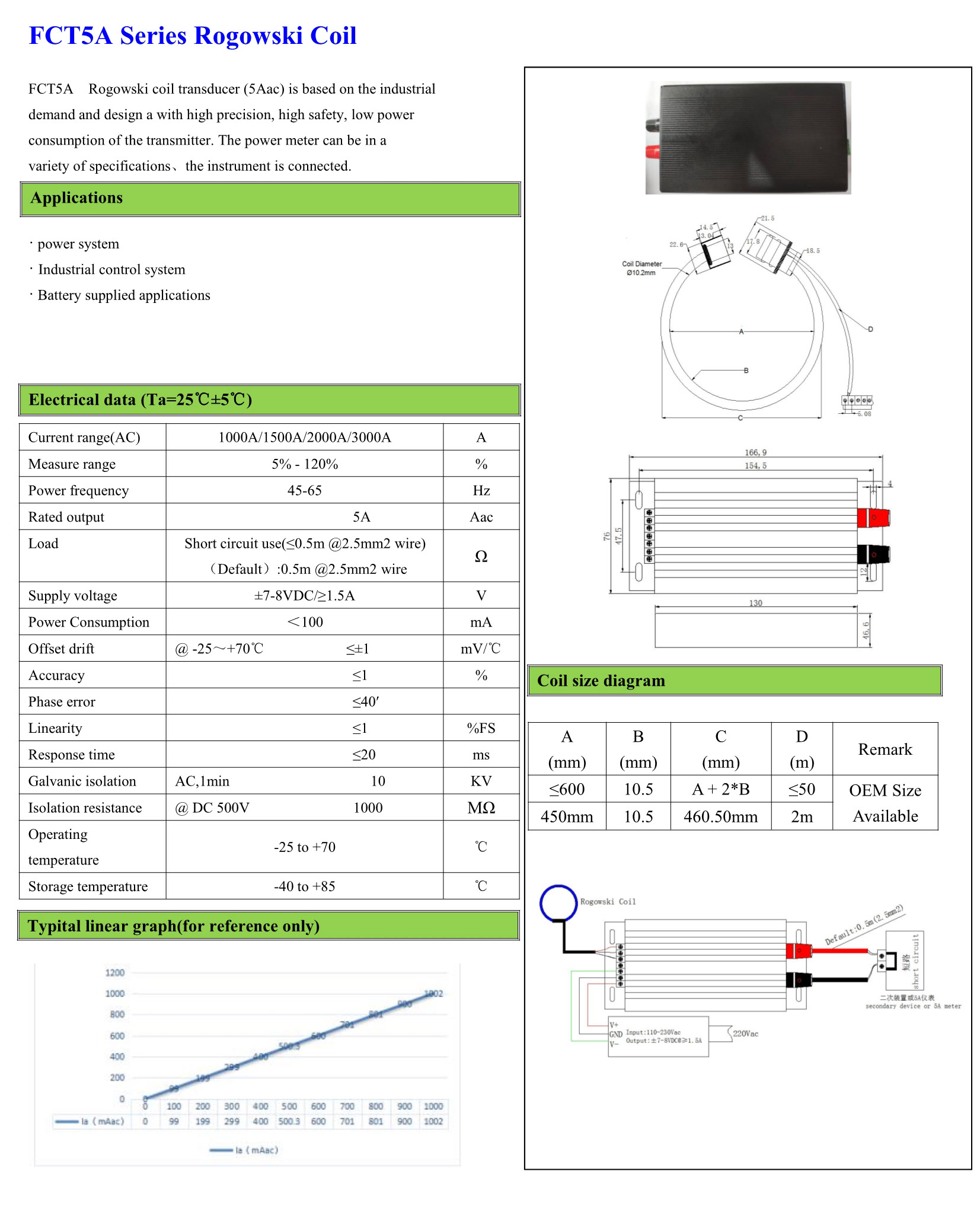 5A Output Flexible Rogowski Coil Current Transducer