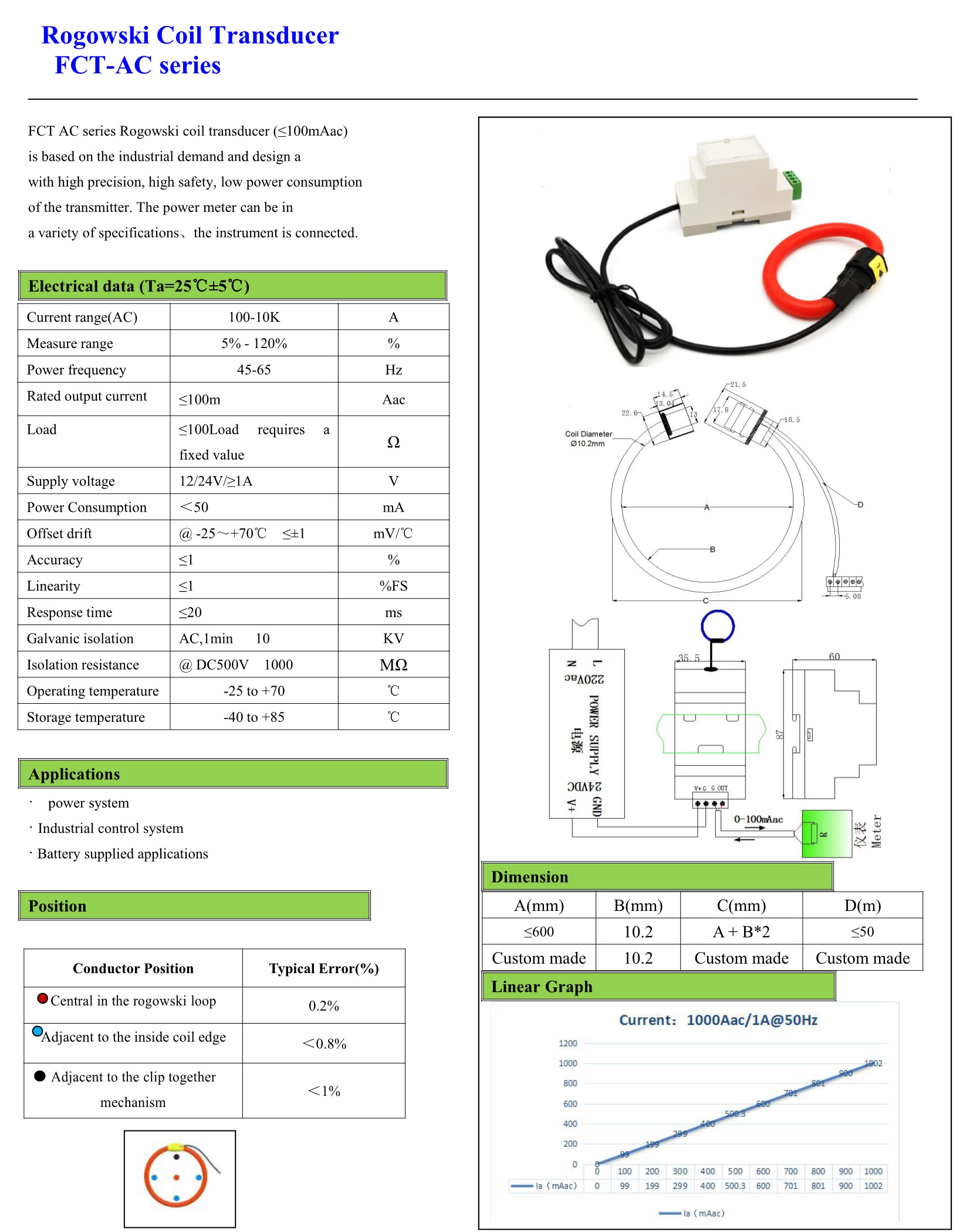 100mA output Flexible Rogowski Coils Current Transducer